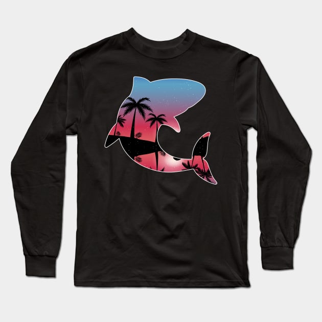 Shark Beautiful Sunset Beach Palm Tree Long Sleeve T-Shirt by jrgmerschmann